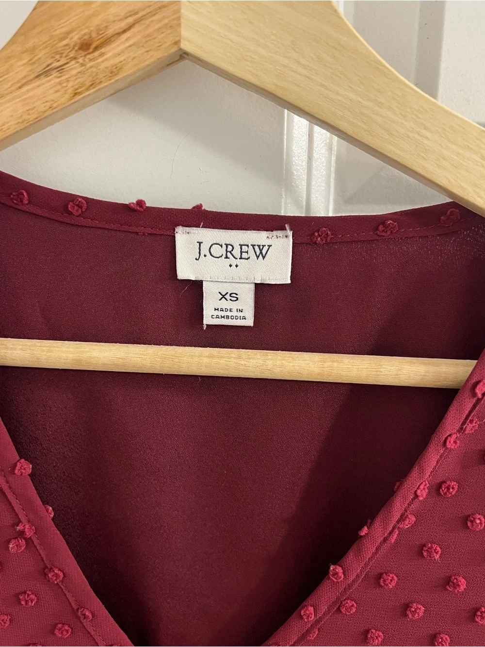 J. Crew Wine Textured Swiss Dot V-Neck Blouse-XS